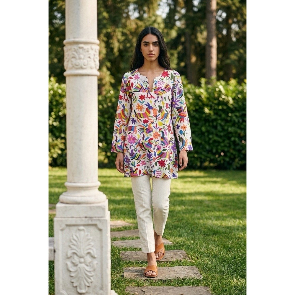 KikiSol Womens S Cotton Otomi Bird Print Tunic Top Long Sleeve Multi Color Boho